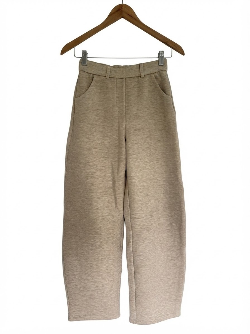 NWT OGL FuzzLuxe Cozy Knit Mid Rise Barrel Leg Pants Heather Beige Cream Size XS